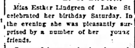 Esther Lindgren Birthday January 1913