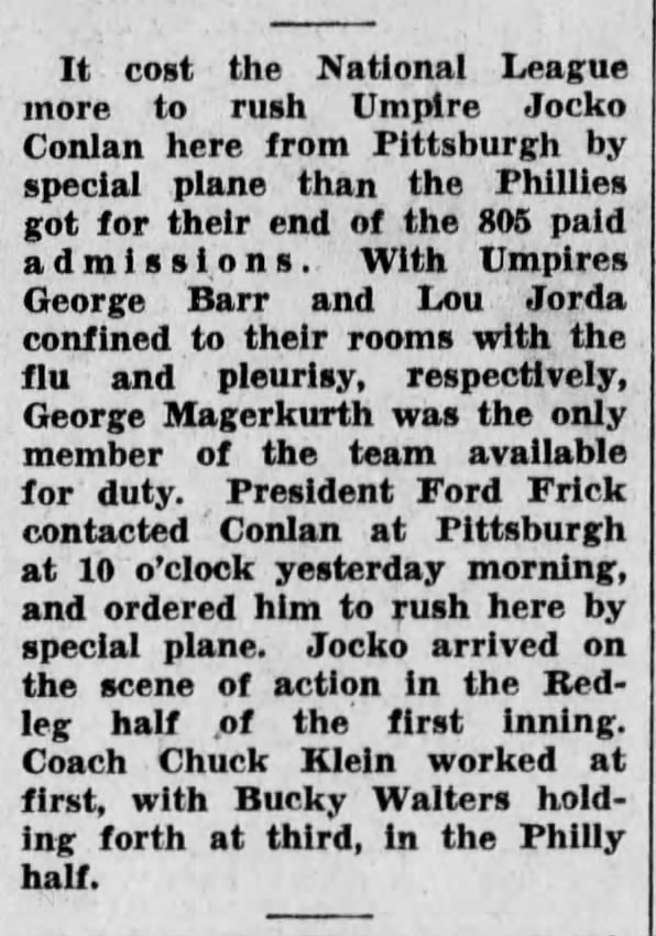 1942MAY02 - Umpires sick, Jocko Conlan rushed in to substitute