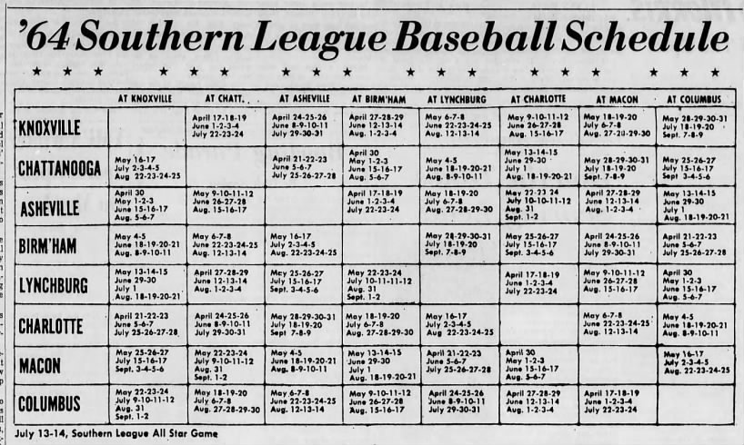 1964 Southern League Schedule