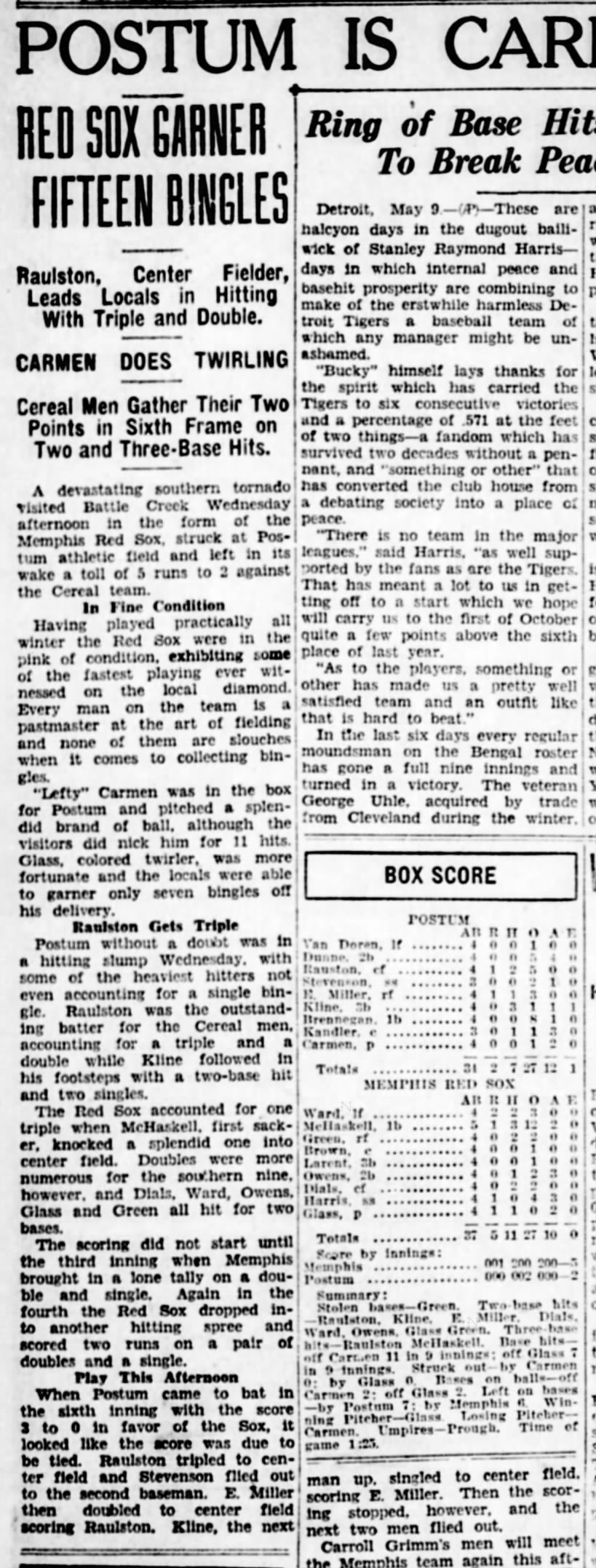 1929 - 1929MAY09 - Memphis Red Sox vs Battle Creek Postum team