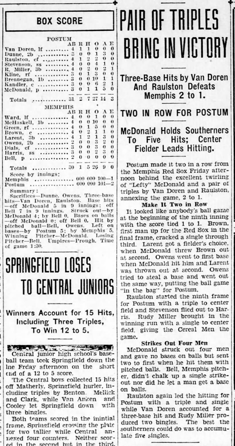 1929 - 1929MAY11 - Battle Creek Postum defeats Memphis Red Sox, 2-1