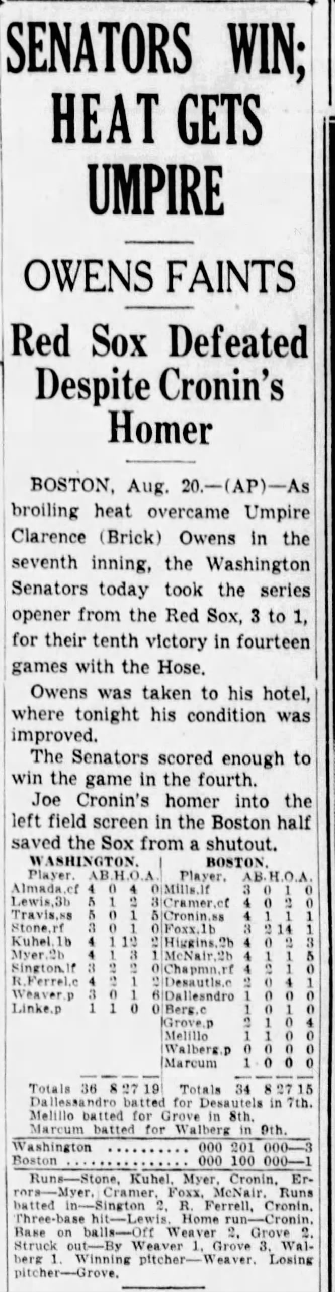 1937AUG21 - Umpire Brick Owes faints in game