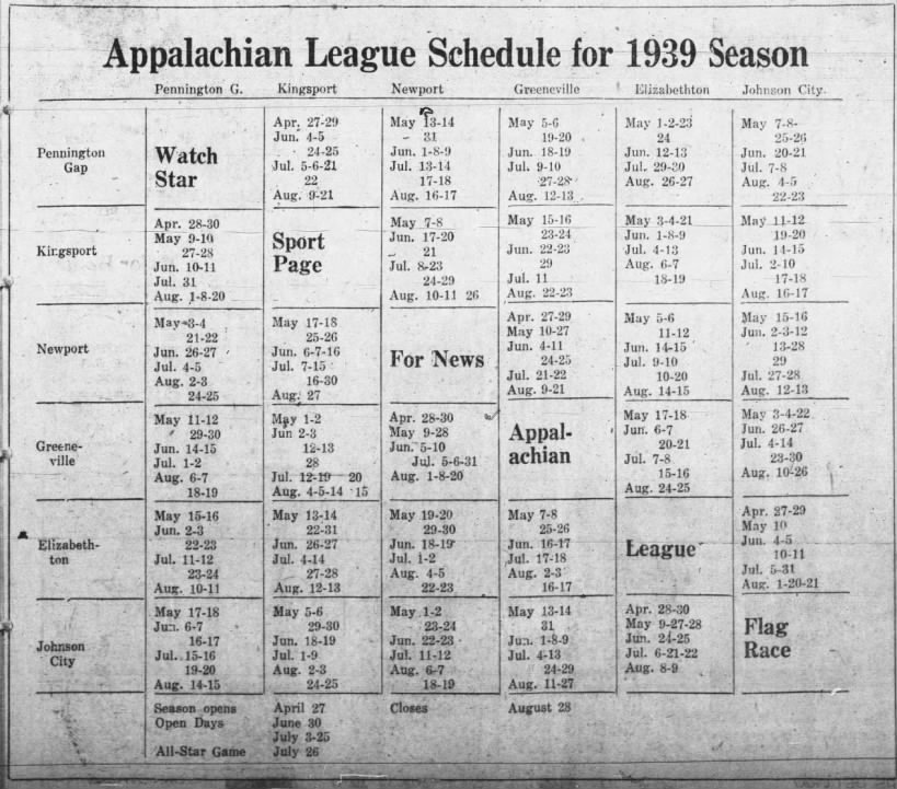 1939 Appalachian League Schedule