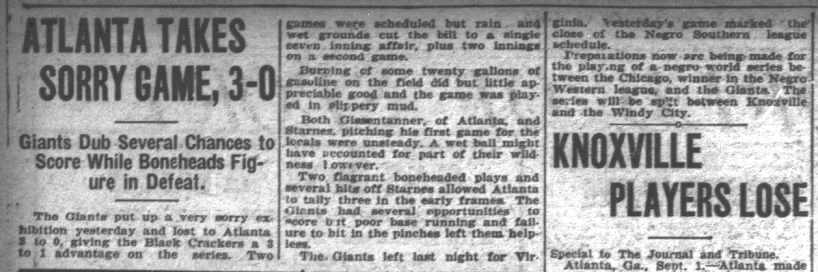 1920 - Knoxville Giants lose to Atlanta Black Crackers, 3-0