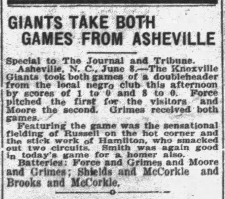 1920 - Knoxville Giants take both ends of a Double Header from Asheville