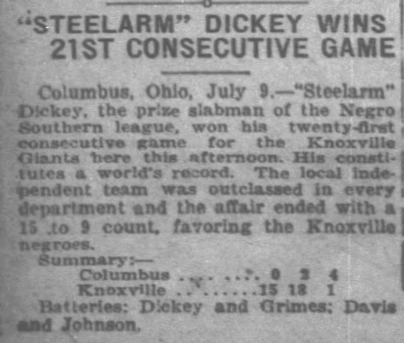1920 - Knoxville defeats Columbus team, 15-0.  Dickey wins 21st consecutive game.
