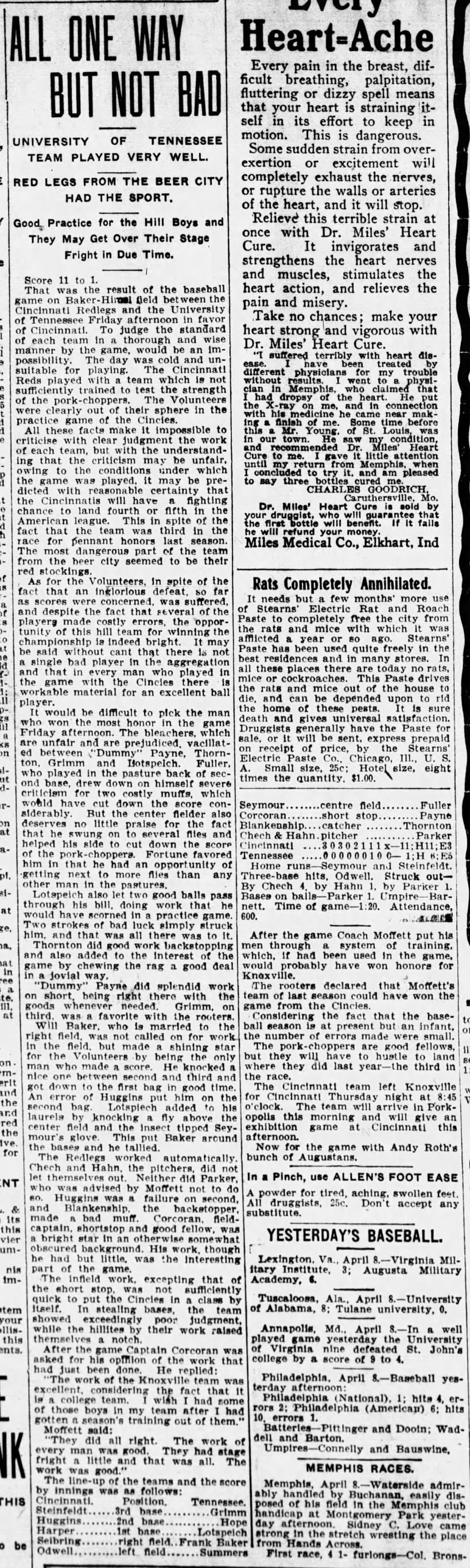 1905APR08 - Cincy Reds defeat UT baseball team, 11-1