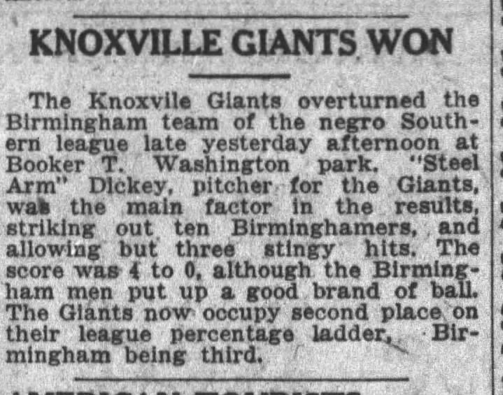 1920 - Knoxville Giants beat Birmingham, 4-0.