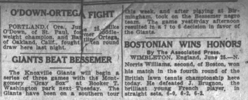 1920 - Knoxville Giants beat Bessemer, 7-6