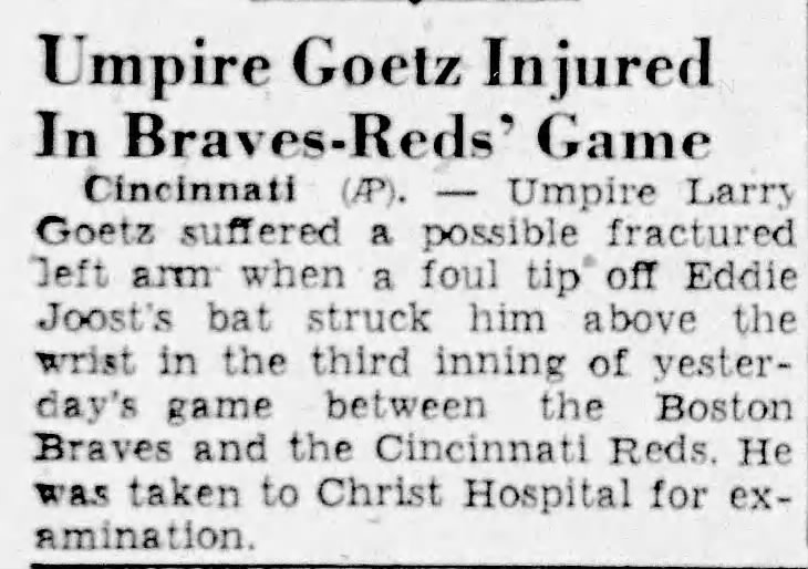 1941AUG03 - Umpire Goetz Injured in Braves-Reds' Game