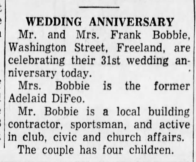 Anniversary of Frank & Adelaide Bobbie 1973