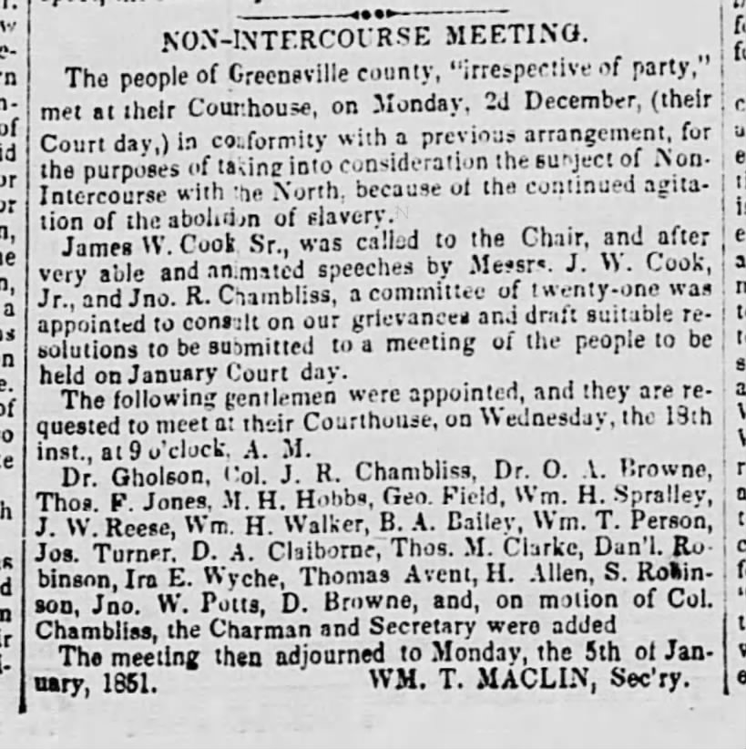 HISTORIC GREENSVILLE COUNTY ANTEBELLUM/SECESSIONIST MEETING--CHRISTMAS EVE, 1850 (COURT DAY)