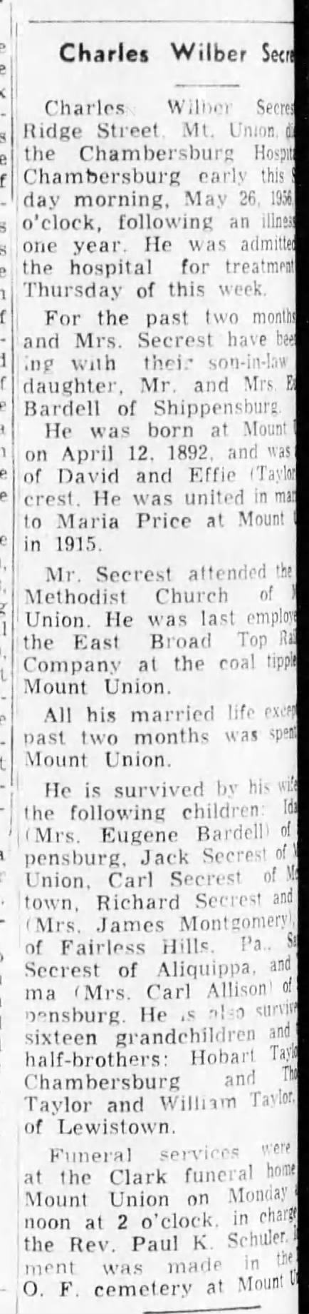 Need completed copy
Charles Wilber Secrest 
1 June 1956
Mount Union Times, Pa