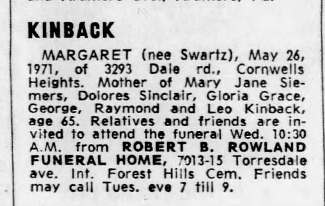Margaret Swartz Kinback obit May 1971