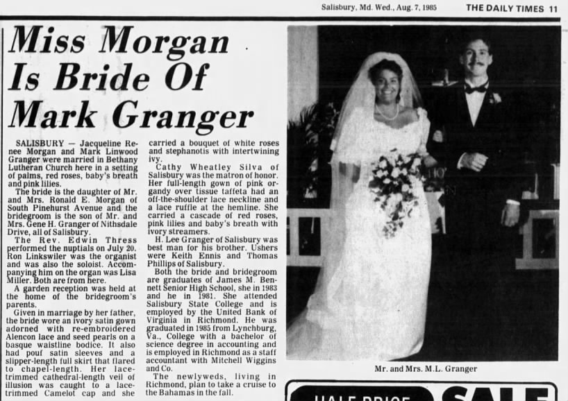 Mark Linwood Granger & Jacqueline Renee Morgan wed Aug 1985