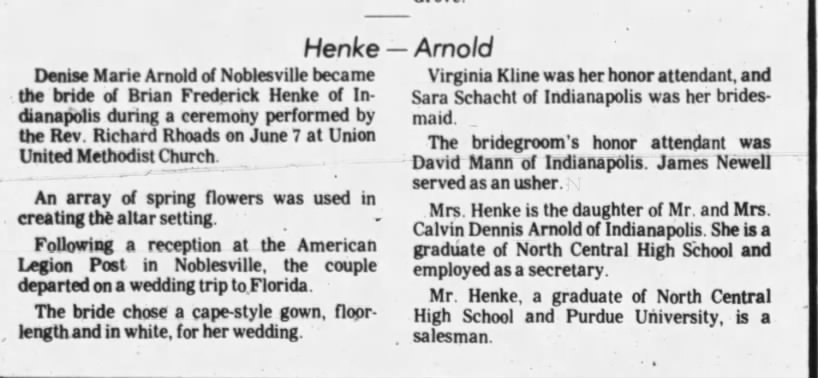 Denise Marie Arnold & Brian Frederick Henke wed June 1980
