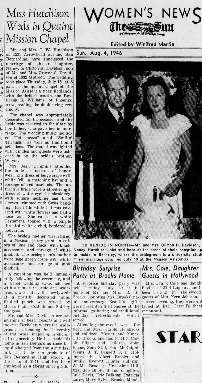 Clifton R Davidson & Nancy Hutchinson wed Aug 1946