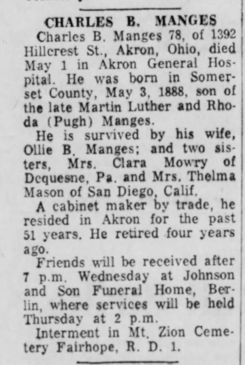 Charles Bruce Manges obit May 1967