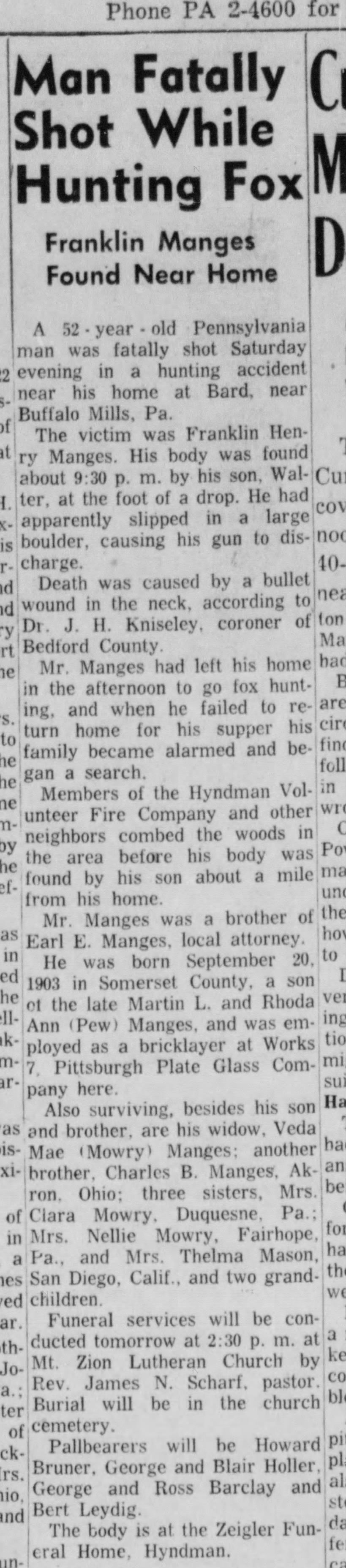 Franklln Henry Manges fatally shot while fox hunting Feb 1957