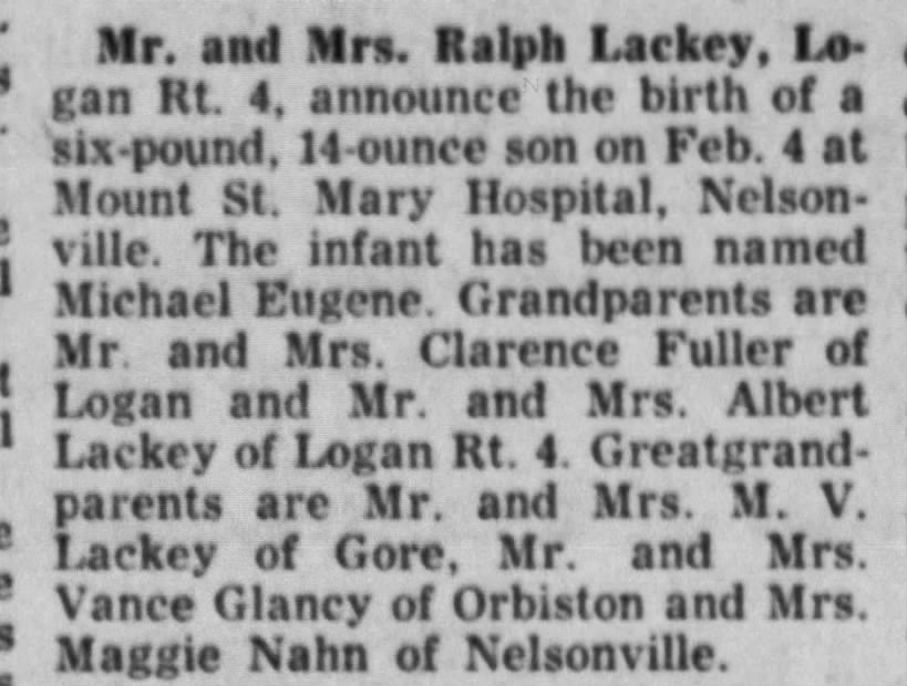 Michael Eugene Lackey birth announcement Feb 1957