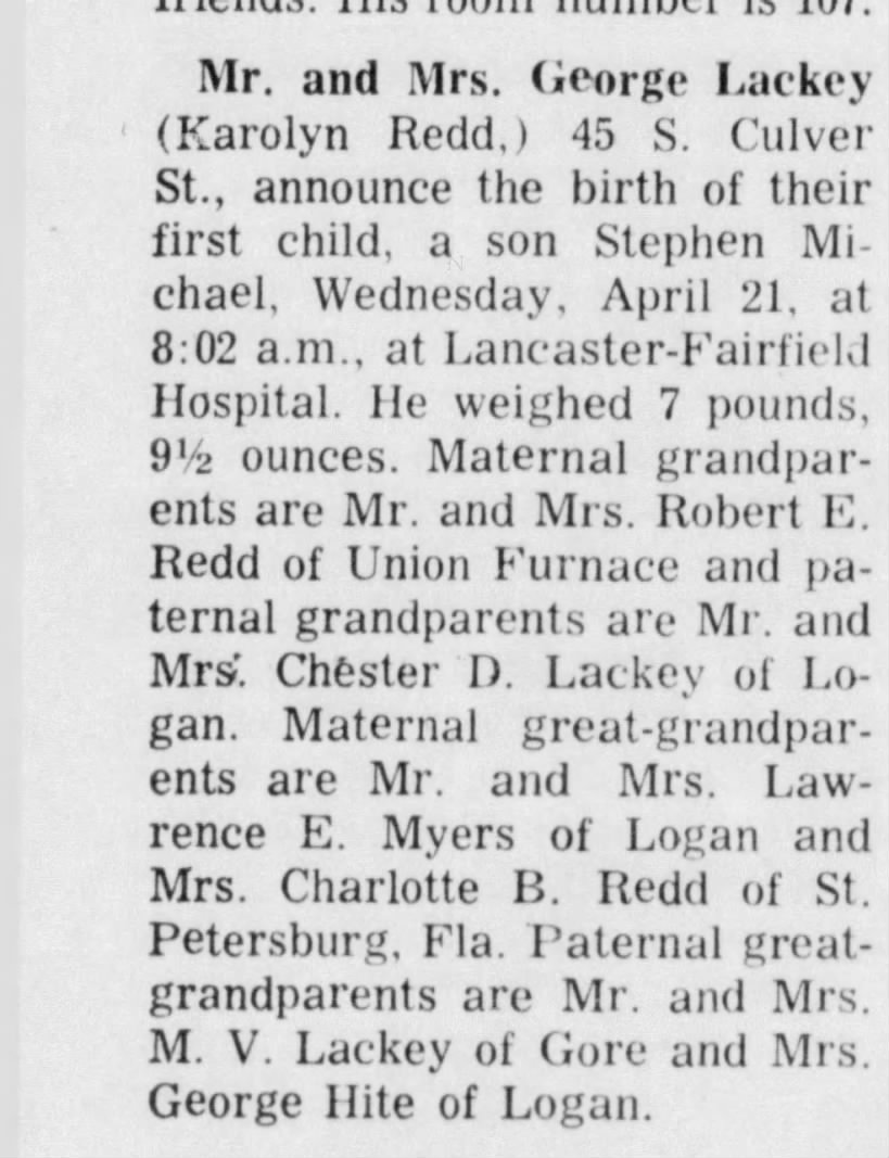 Stephen Michael Lackey birth announcement April 1971