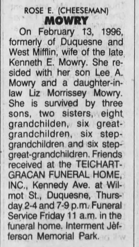 Rose Edith Cheeseman Mowry obit Feb 15 1996