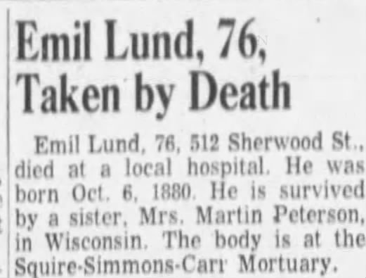 Obituary for Emil Lund (Aged 76)