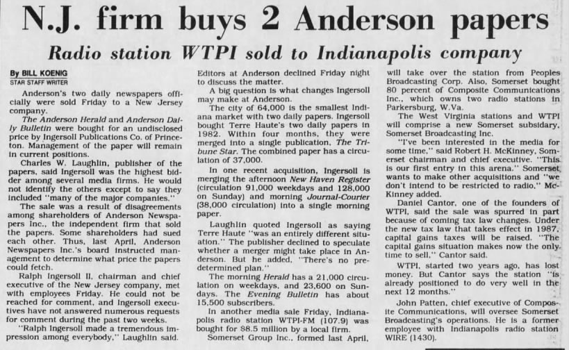 N.J. firm buys 2 Anderson papers; Radio station WTPI sold to Indianapolis company
