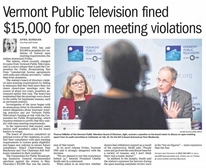 Vermont Public Television fined $15,000 for open meeting violations