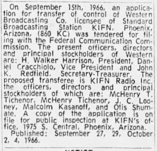 KIFN sale legal notice - 9/29/66