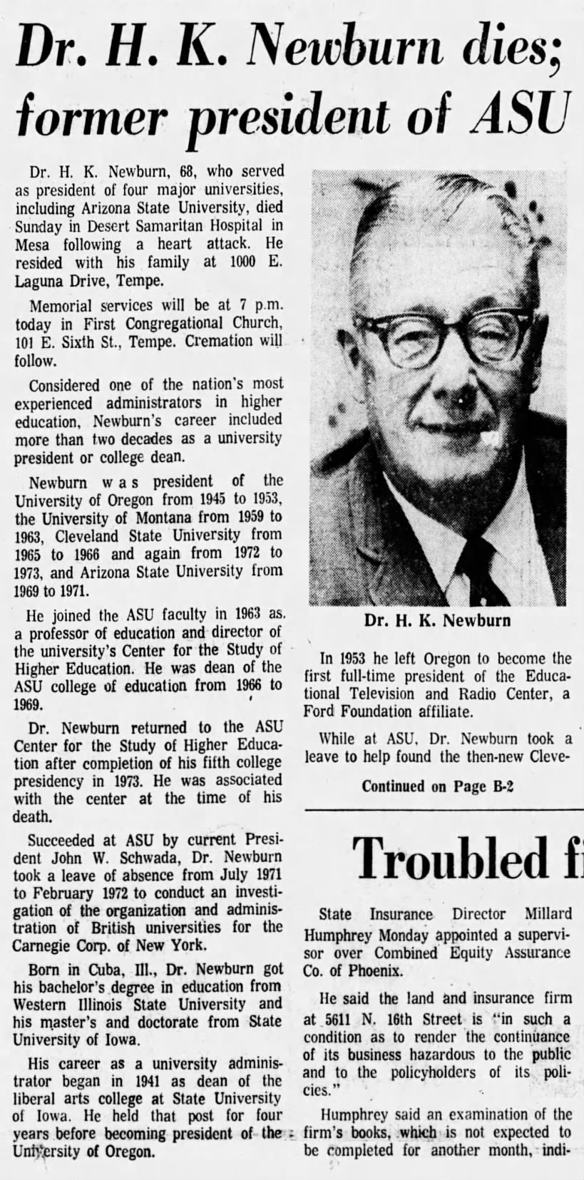 Dr. H. K. Newburn dies; former president of ASU