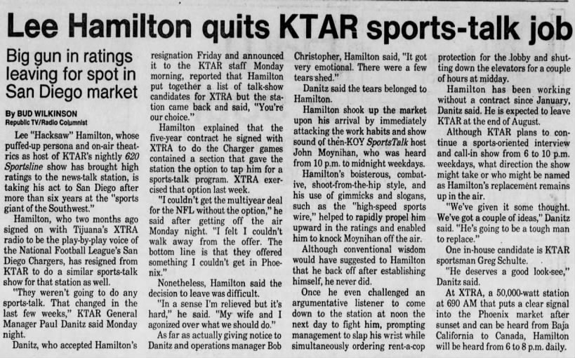 Lee Hamilton quits KTAR sports-talk job