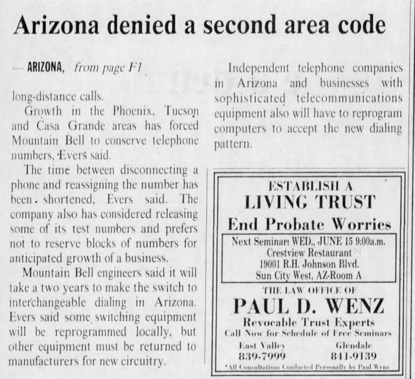 Arizona denied a second area code