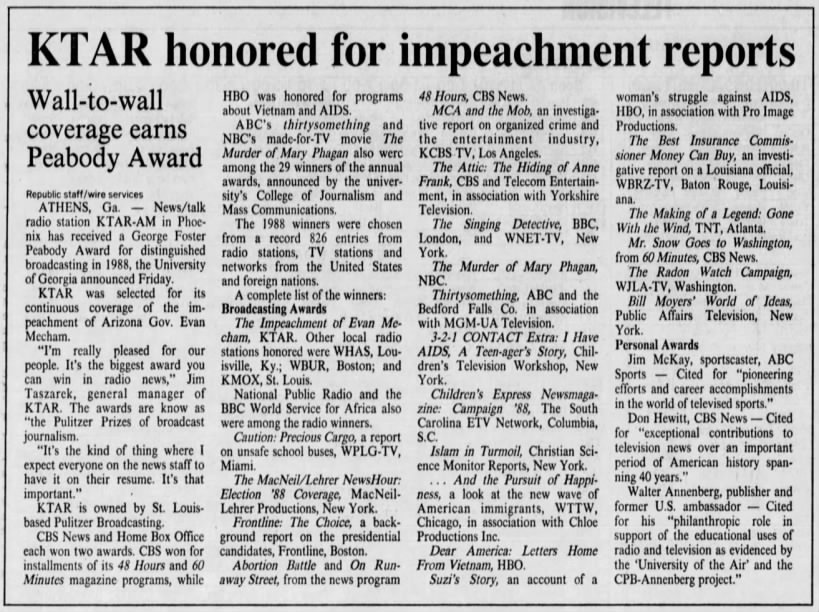 KTAR honored for impeachment reports: Wall-to-wall coverage earns Peabody Award