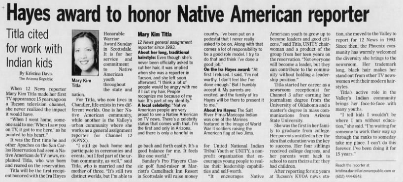 Hayes award to honor Native American reporter