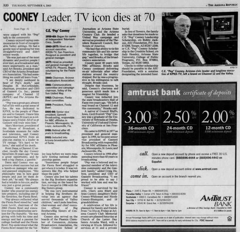 Cooney: Leader, TV icon dies at 70
