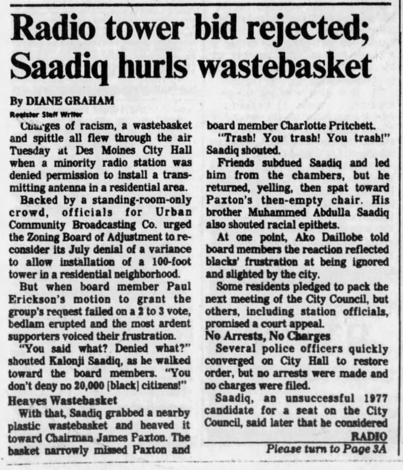 Radio tower bid rejected; Saadiq hurls wastebasket