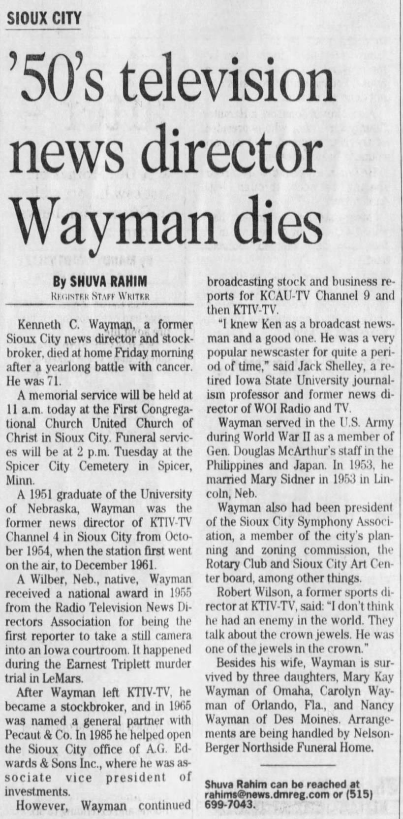 '50's television news director Wayman dies