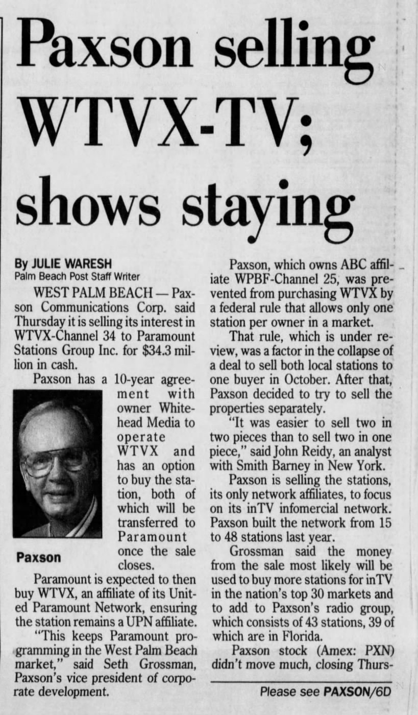 Paxson selling WTVX-TV; shows staying