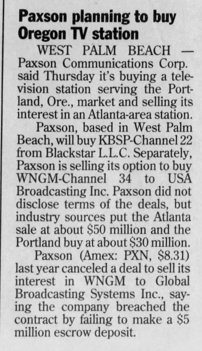 Paxson planning to buy Oregon TV station