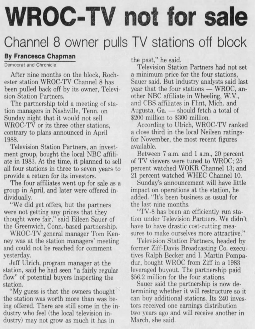 WROC-TV not for sale: Channel 8 owner pulls TV stations off block