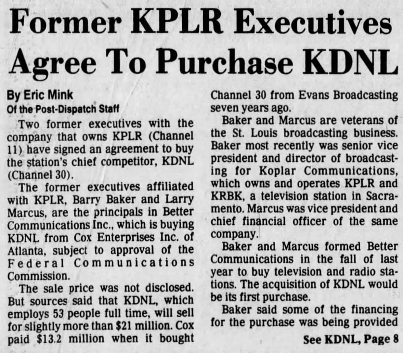 Former KPLR Executives Agree To Purchase KDNL