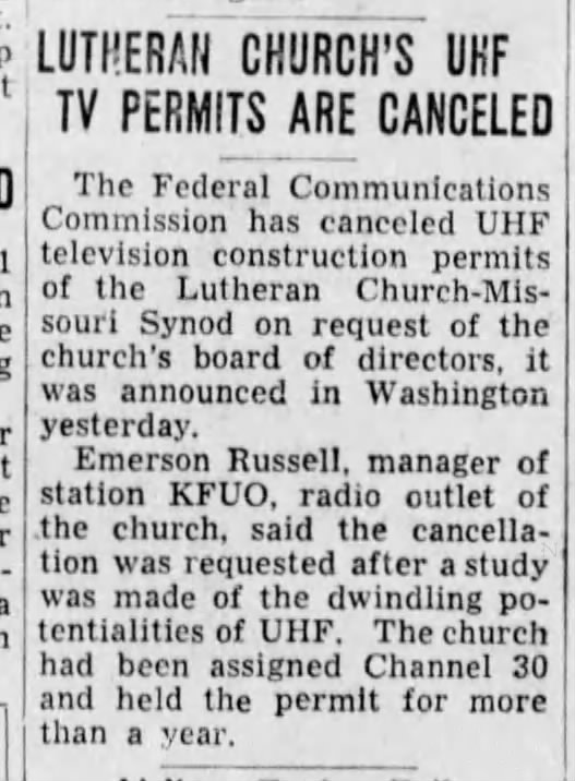 Lutheran Church's UHF TV Permits Are Canceled