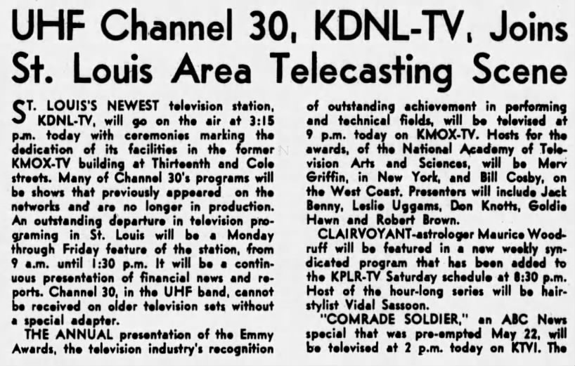 UHF Channel 30, KDNL-TV, Joins St. Louis Area Telecasting Scene
