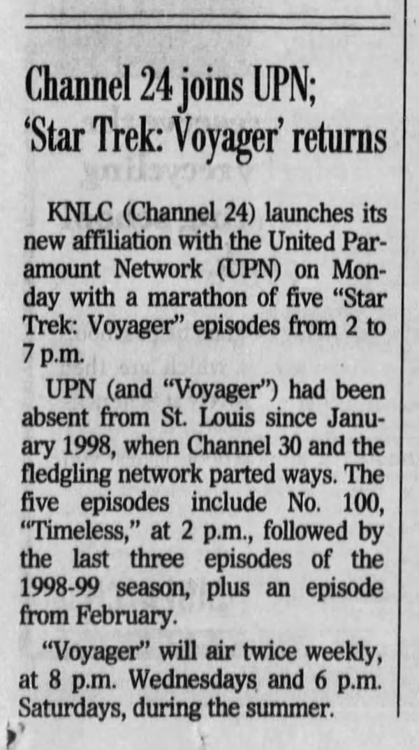 Channel 24 joins UPN; 'Star Trek: Voyager' returns
