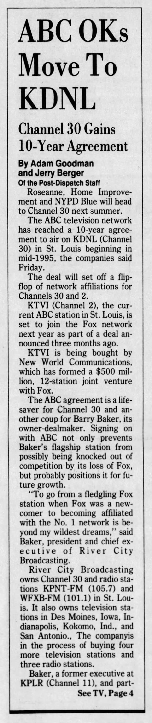 ABC OKs Move To KDNL: Channel 30 Gains 10-Year Agreement
