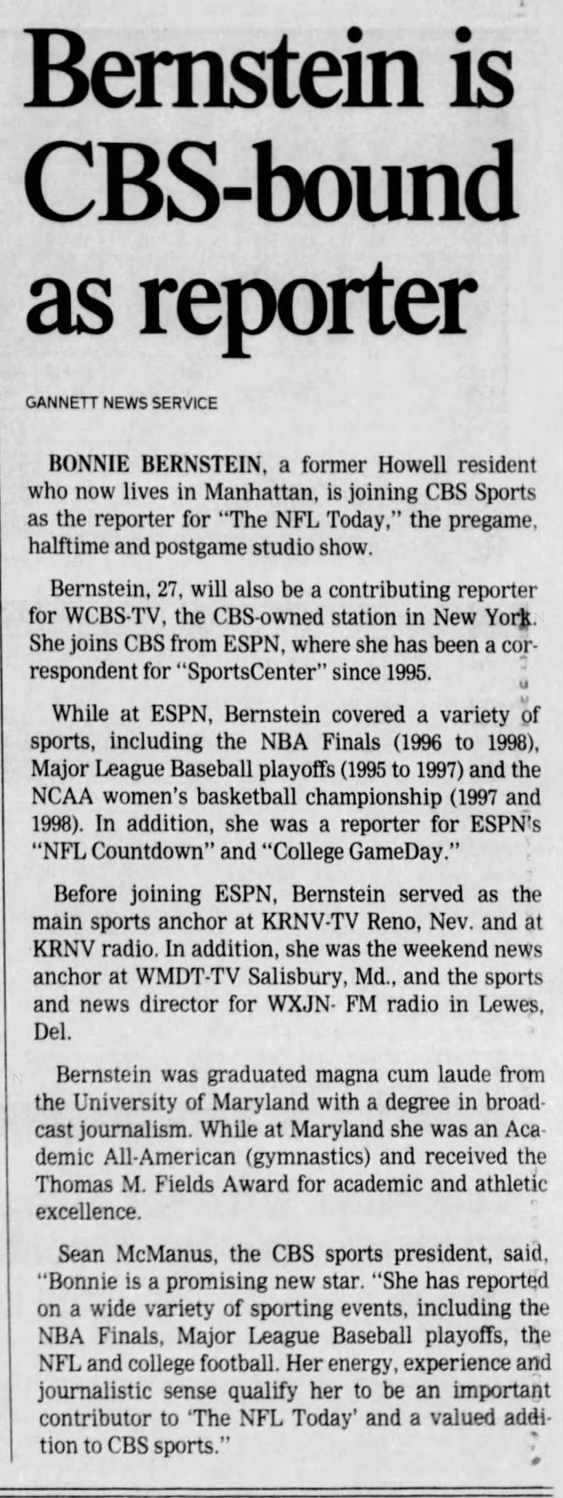 Bernstein is CBS-bound as reporter