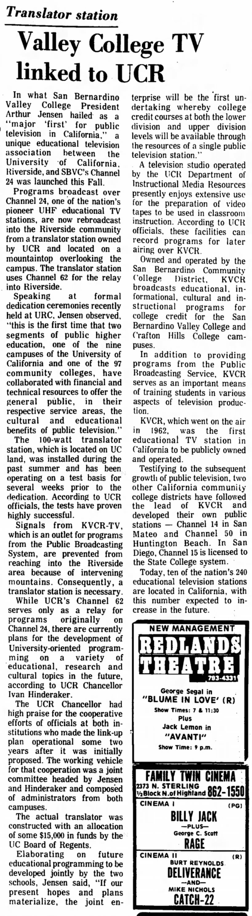 Translator station: Valley College TV linked to UCR