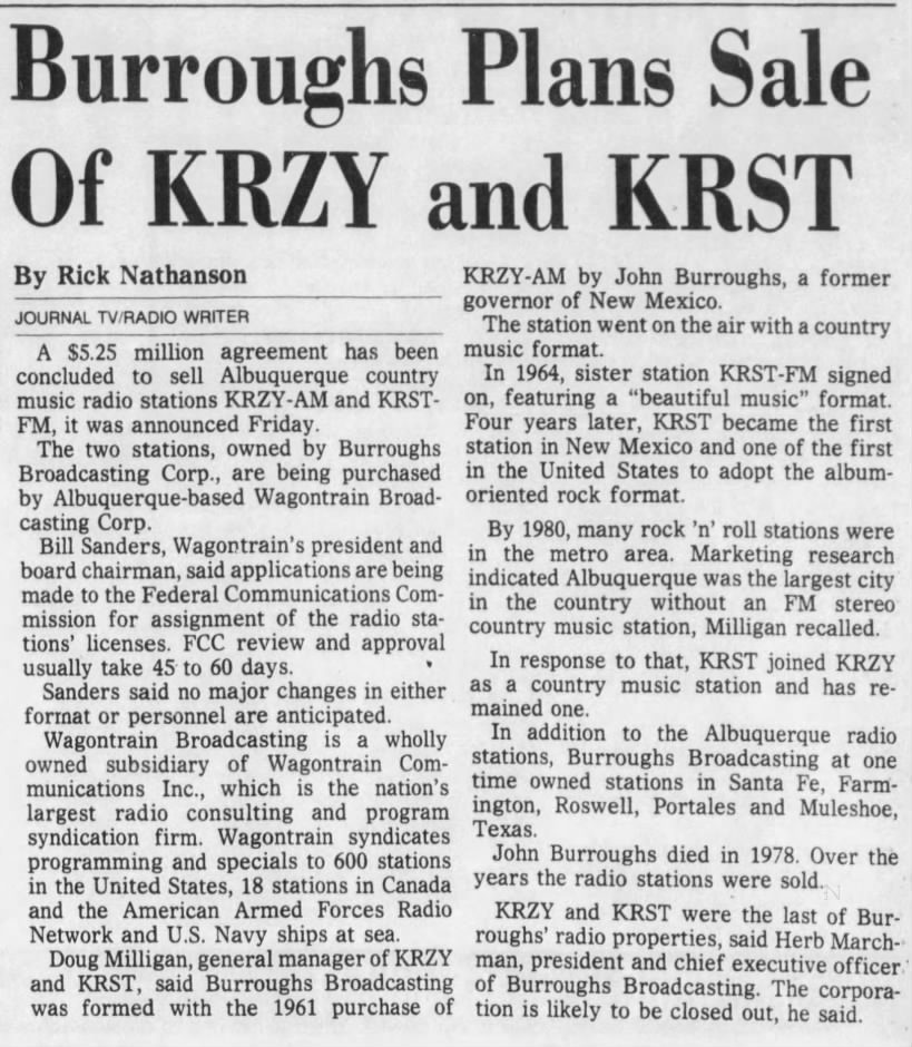 Burroughs Plans Sale Of KRZY and KRST