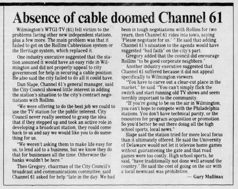 Absence of cable doomed Channel 61